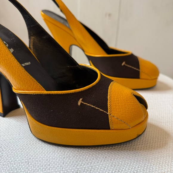 PRADA Brown & Mustard Yellow Leather Textile Heels 8.5 - Picture 4 of 16